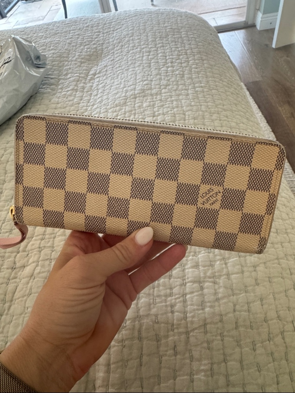 Authentic Louis Vuitton Damier Azur Zip Wallet with Pink Trim